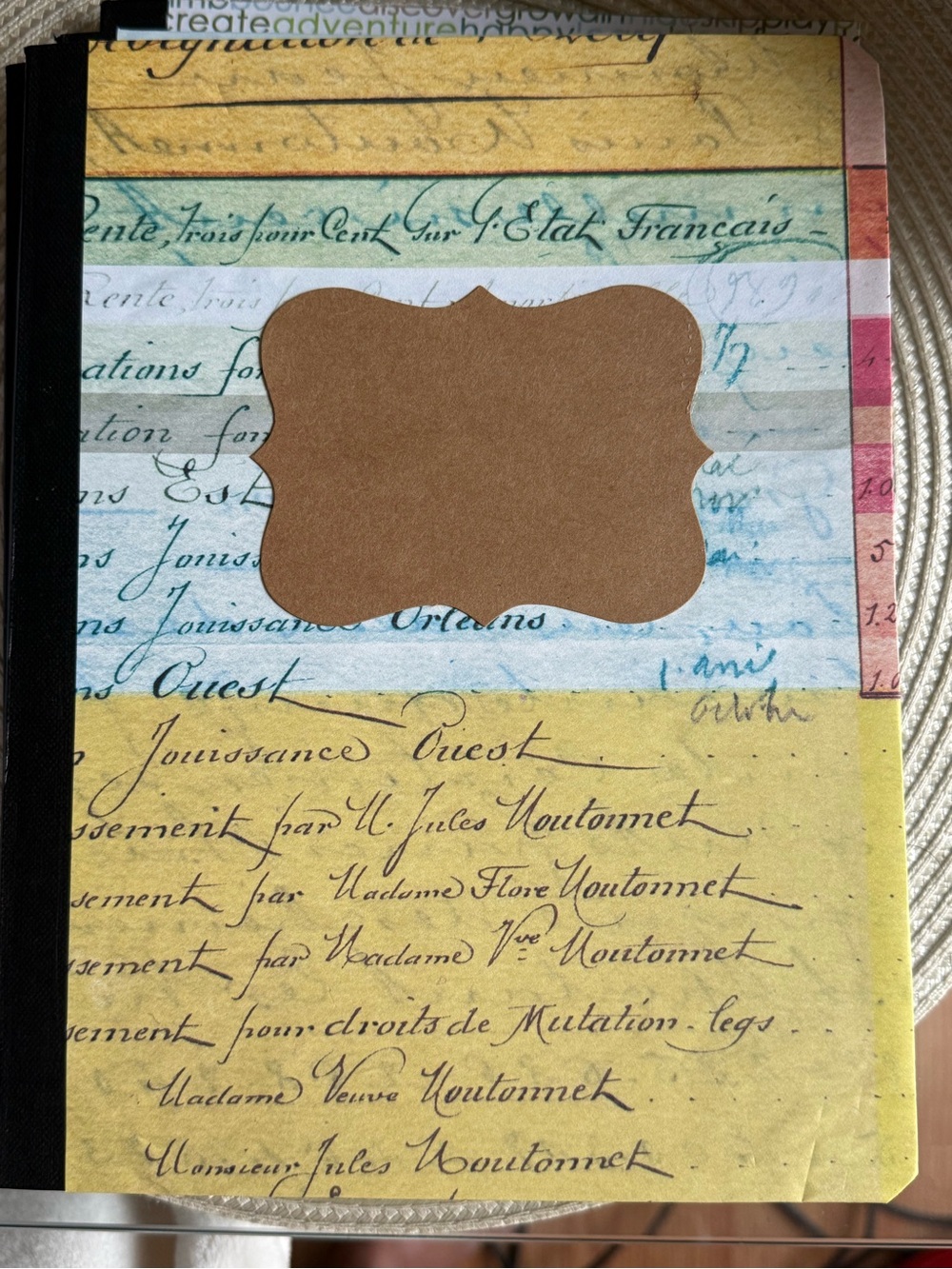 Striped Vintage Script Hardcover Notebook - Blue, Yellow, Brown